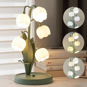 Green Flower Table Lamp, Vintage Lily of The Valley Bedside Lamp 3 Color Modes